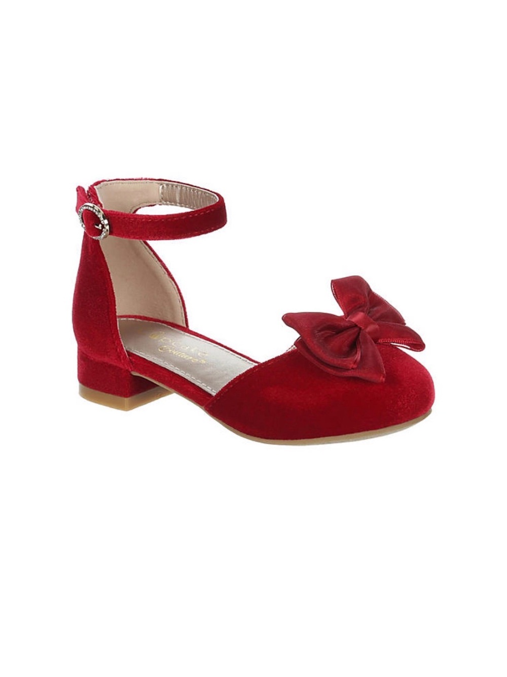Girls Red Velvet Ankle-Strap Dress Shoes with Bow Accent